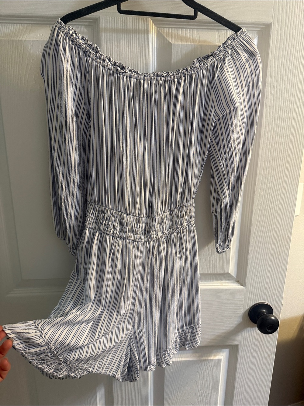 Hollister Navy and White Striped Off-Shoulder Romper